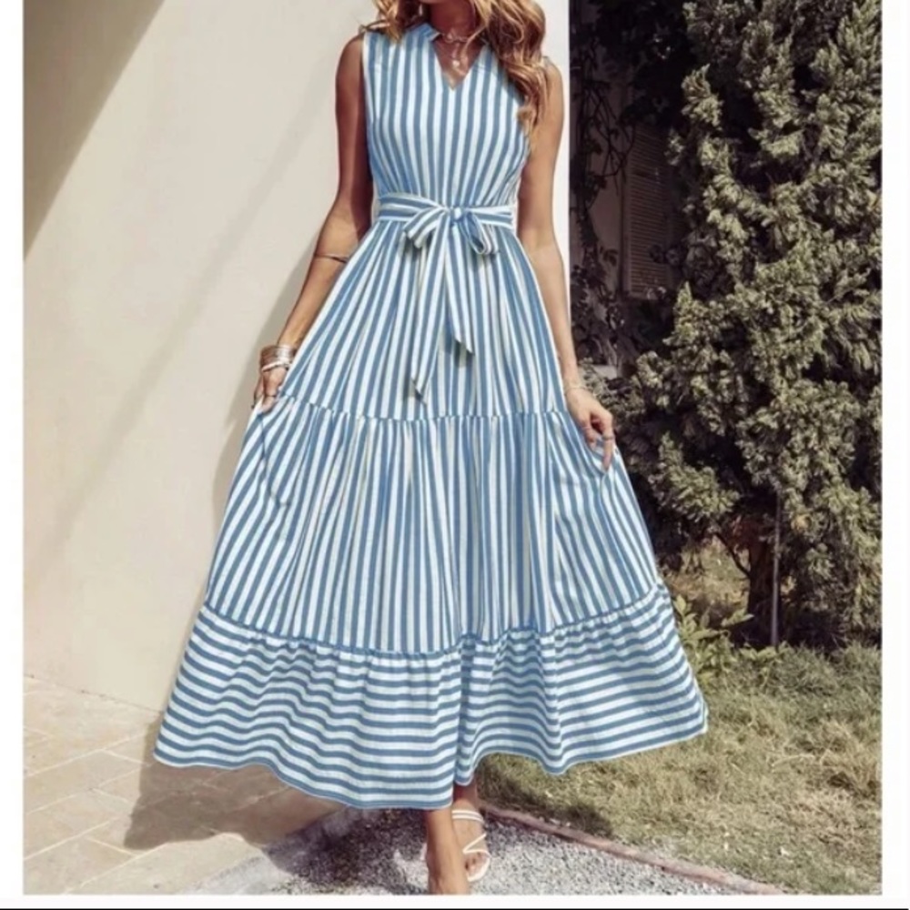 Boho Green White Striped Sleeveless Belted Maxi Dress - Picture 9 of 11